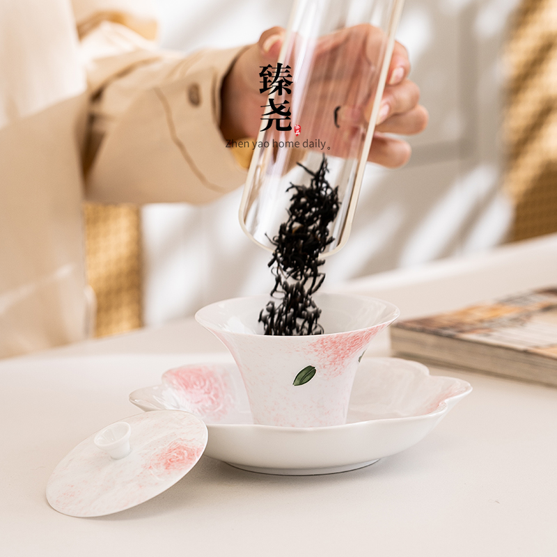 白瓷手绘玫瑰盖碗茶碗茶杯茶具礼盒套组家用小清新陶瓷防烫泡茶碗