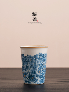 汝窑金万花可乐杯开片可养随手杯复古家用大茶杯陶瓷主人杯个人杯