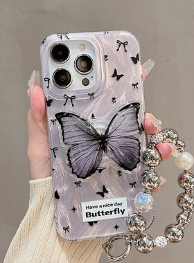 苹果15手机壳新款iphone14黑色蝴蝶13Promax挂绳手链12支架11创意X轻奢风xs少女心xr不撞款6s全包8/7软plus壳