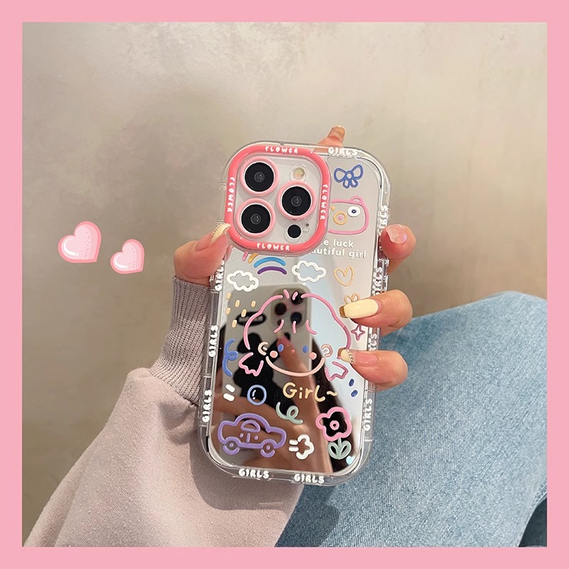涂鸦女孩适用iPhone14新款手机壳15Pro高级感苹果16Promax镜面创意13mini少女心12/11网红爆款x不会撞壳8plus