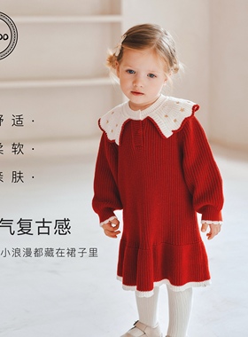 Elk Zoo女童针织连衣裙春秋款加厚红色优雅风荷叶边长袖裙子
