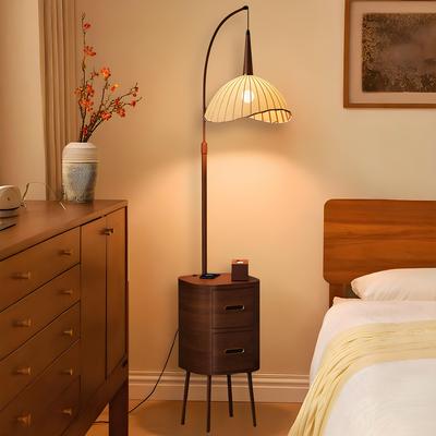 落地灯床头柜台灯一体实木带灯复古置物架小众设计感中古风床边柜