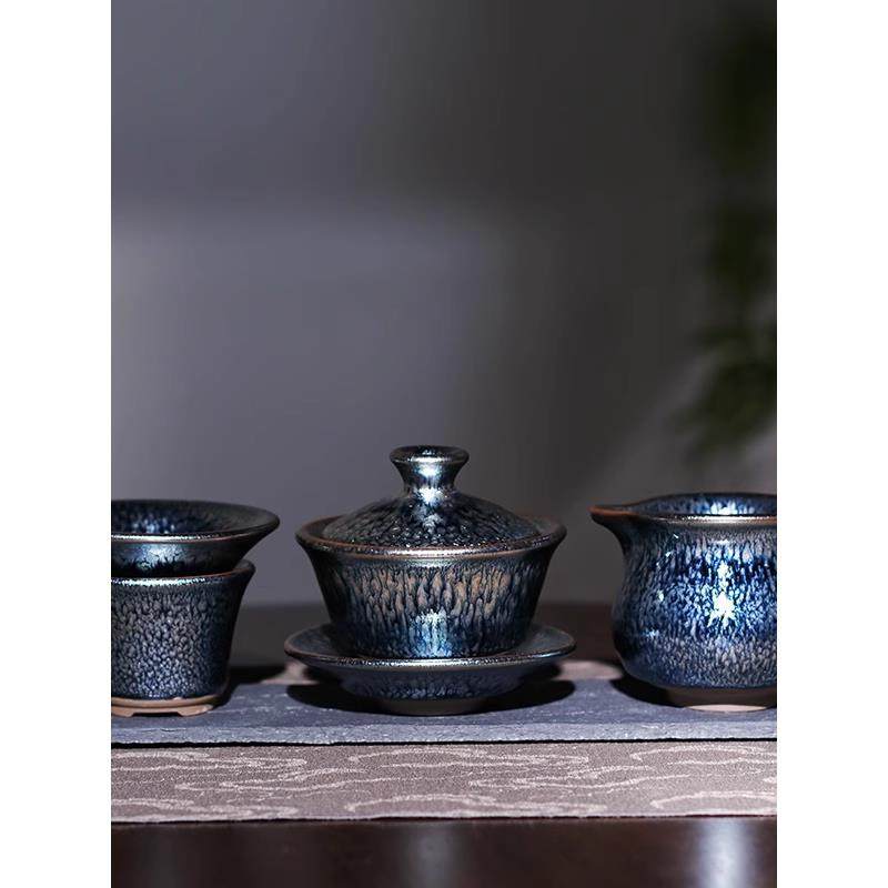 建阳建盏公道杯茶漏茶滤家用百花三才盖碗分茶器茶具茶壶三件套装