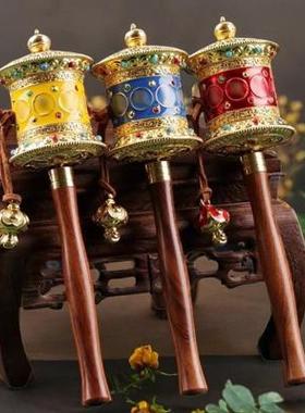 藏式家用手持手动转轮浮雕镶嵌宝石迷你合金六字手摇转桶工艺摆件