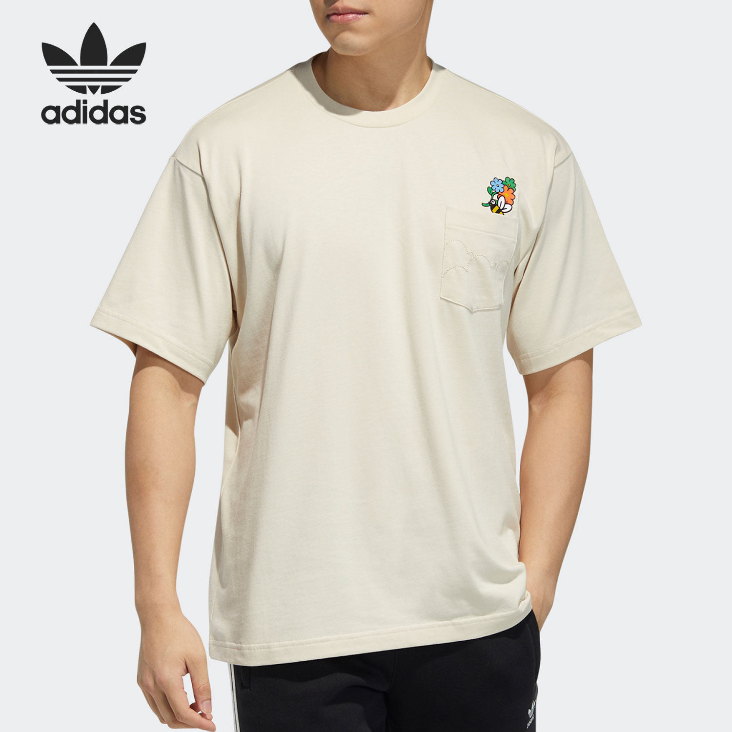 Adidas/阿迪达斯正品三叶草小蜜蜂系列印花宽松休闲运动T恤HB6860
