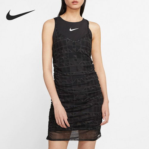 Nike/耐克正品女子假两件褶皱网纱无袖休闲运动连衣裙CJ3001