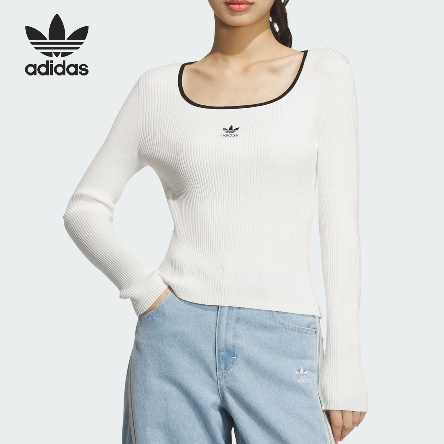 Adidas/阿迪达斯正品三叶草女士保暖简约针织户外T恤JM8055