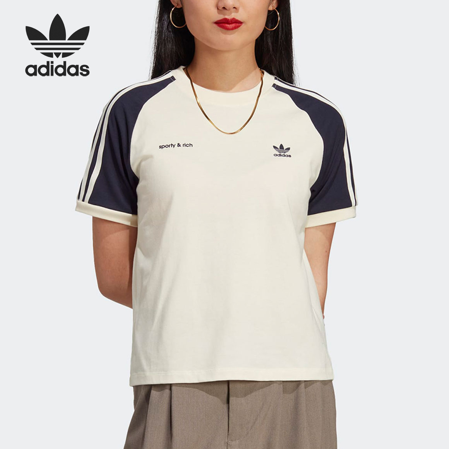 Adidas/阿迪达斯正品三叶草女士运动经典三条纹短袖IN5251