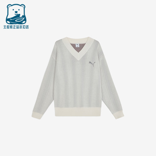 Puma彪马正品生活系列男复古条纹撞色宽松V领针织衫639709-05