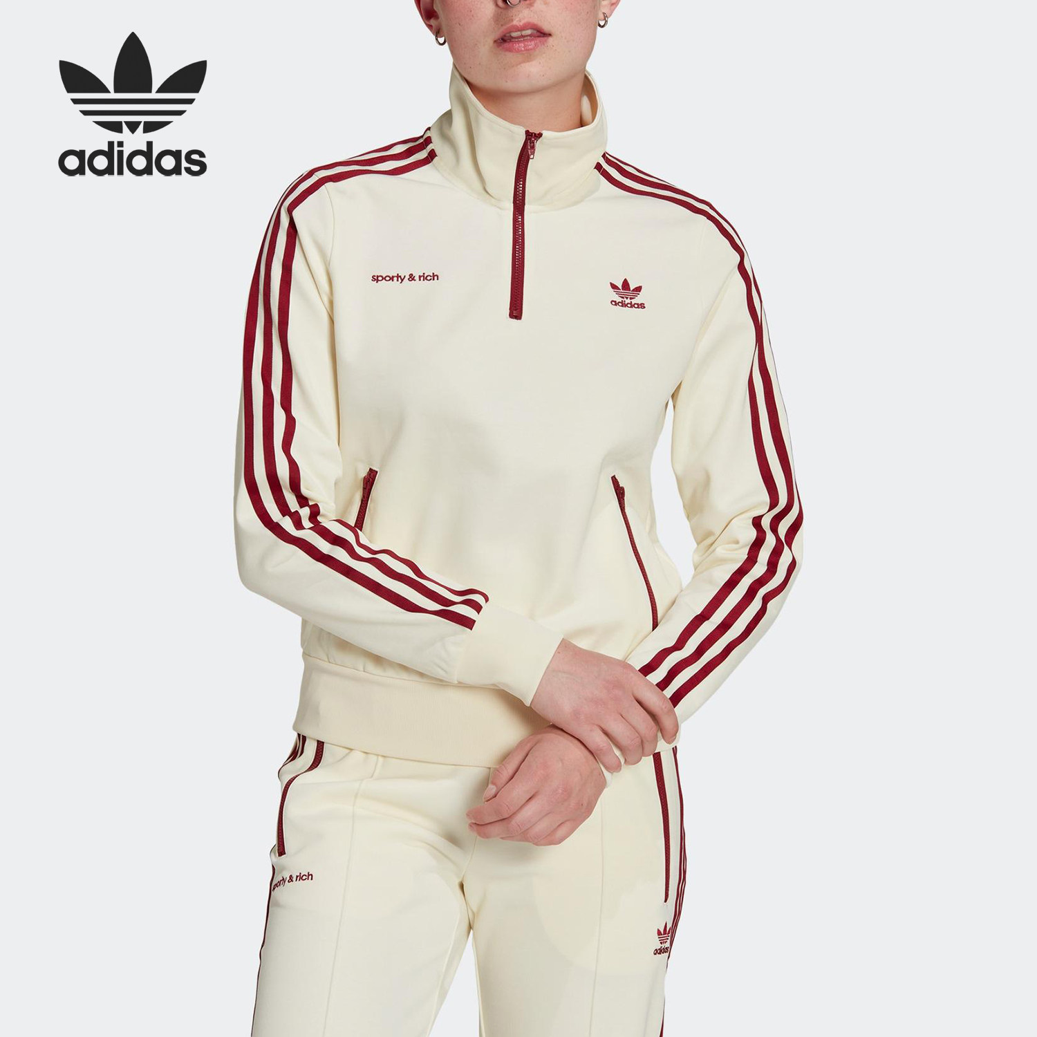 Adidas/阿迪达斯正品三叶草女复古运动侧条纹翻领卫衣IB2157