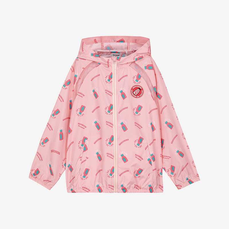 Skechers/斯凯奇正品夏季新款女童运动休闲印花梭织连帽外套