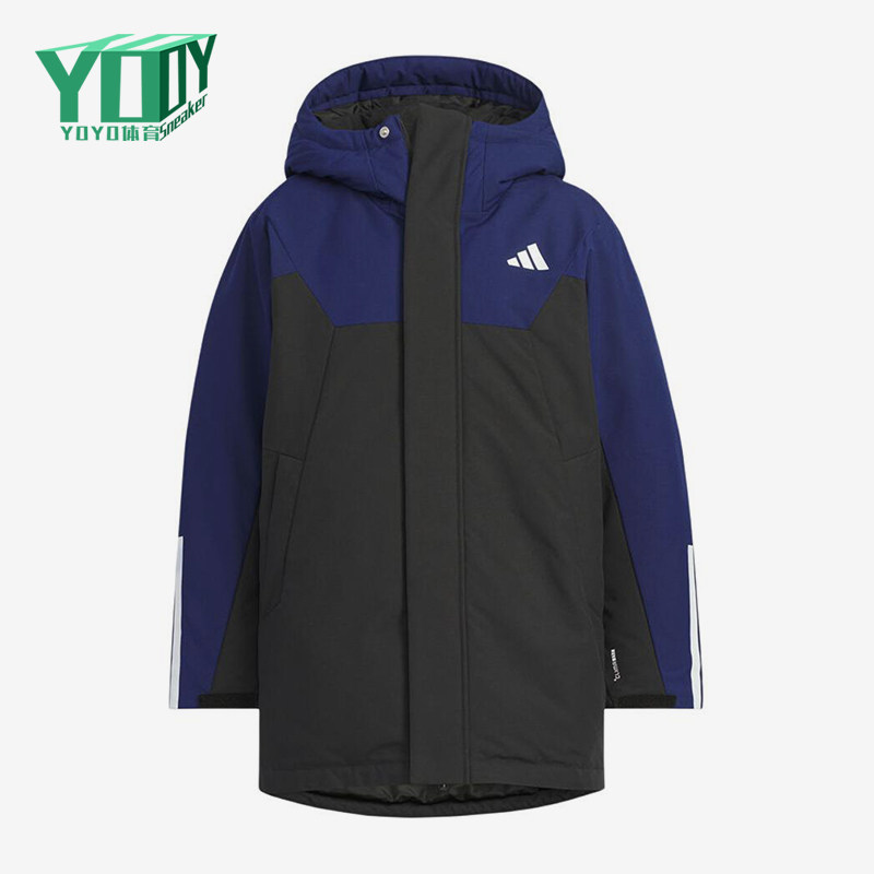 Adidas/阿迪达斯正品152新款儿童蓝黑色保暖经典连帽棉服KC5408