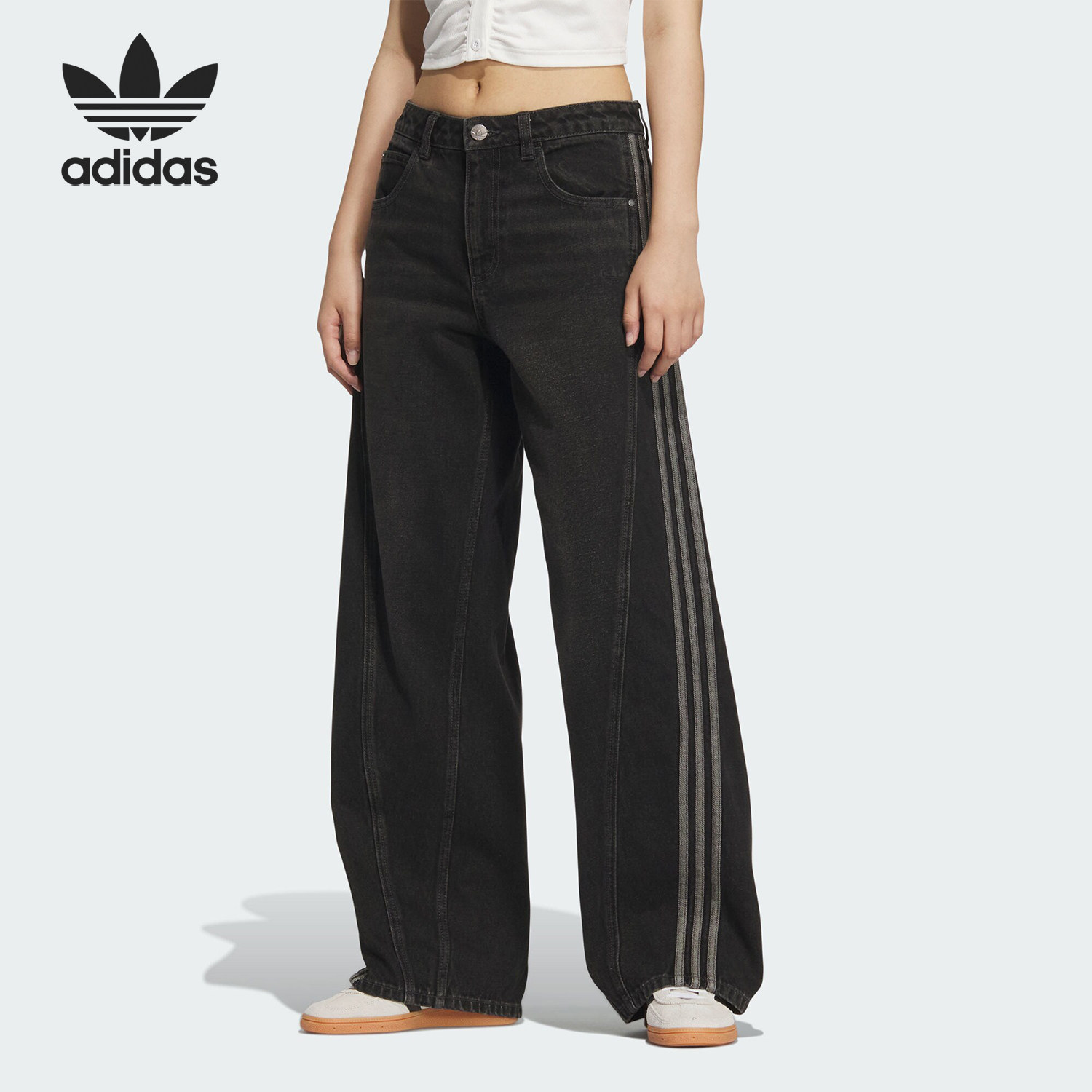 Adidas/阿迪达斯正品经典女士三条纹宽松休闲牛仔长裤JX6865图片
