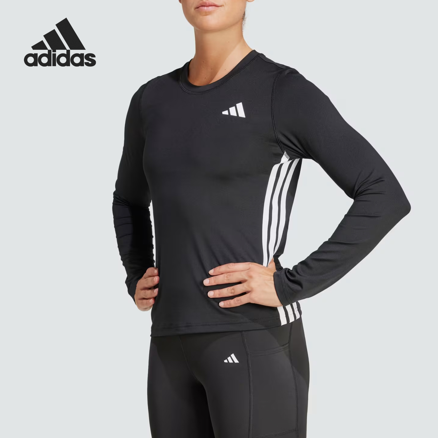 Adidas/阿迪达斯正品春秋女士运动柔软修身条纹透气长袖T恤JD6521