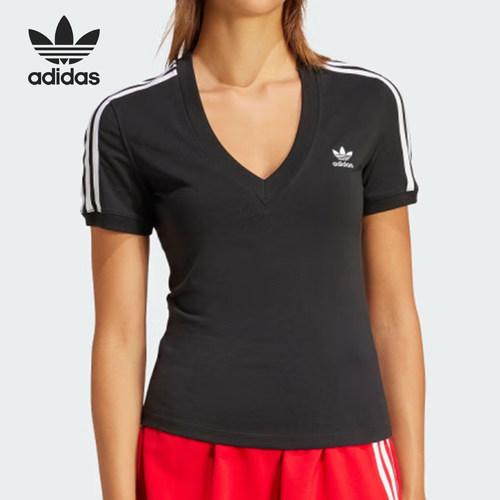 Adidas/阿迪达斯正品三叶草女士V领修身简约短袖T恤IU2416