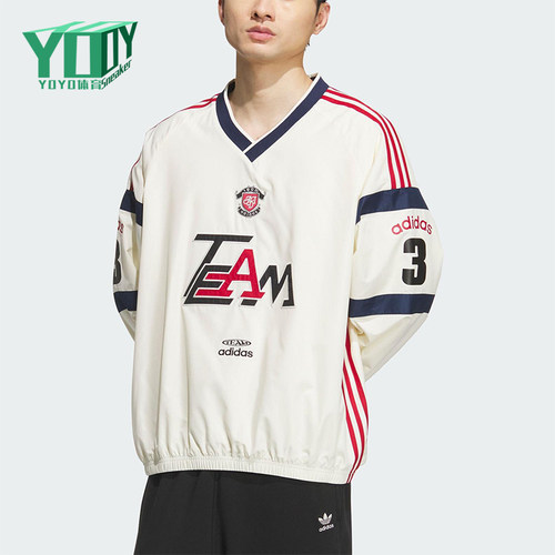 Adidas/阿迪达斯正品三叶草男士拼接宽松梭织V领长袖套头衫KC0112