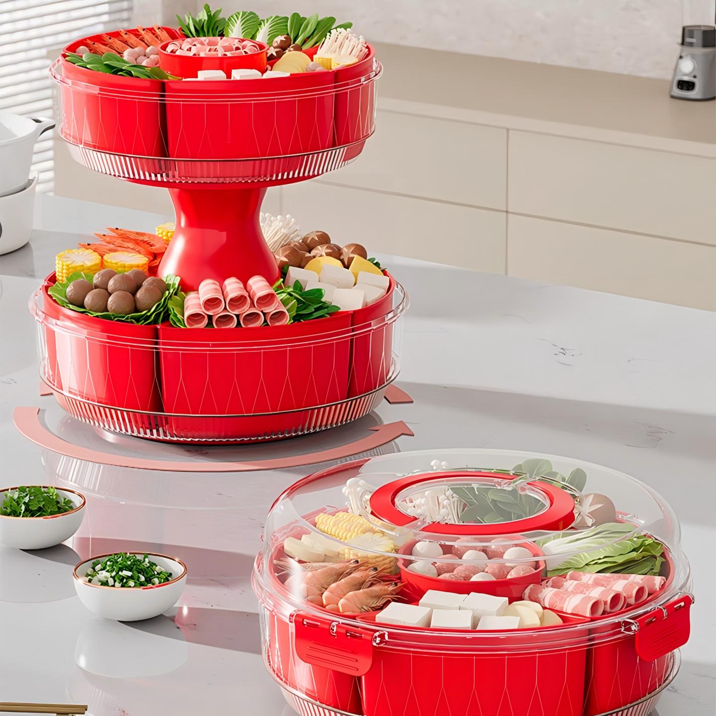 火锅配菜盘旋转分格带盖透明分格盘家用