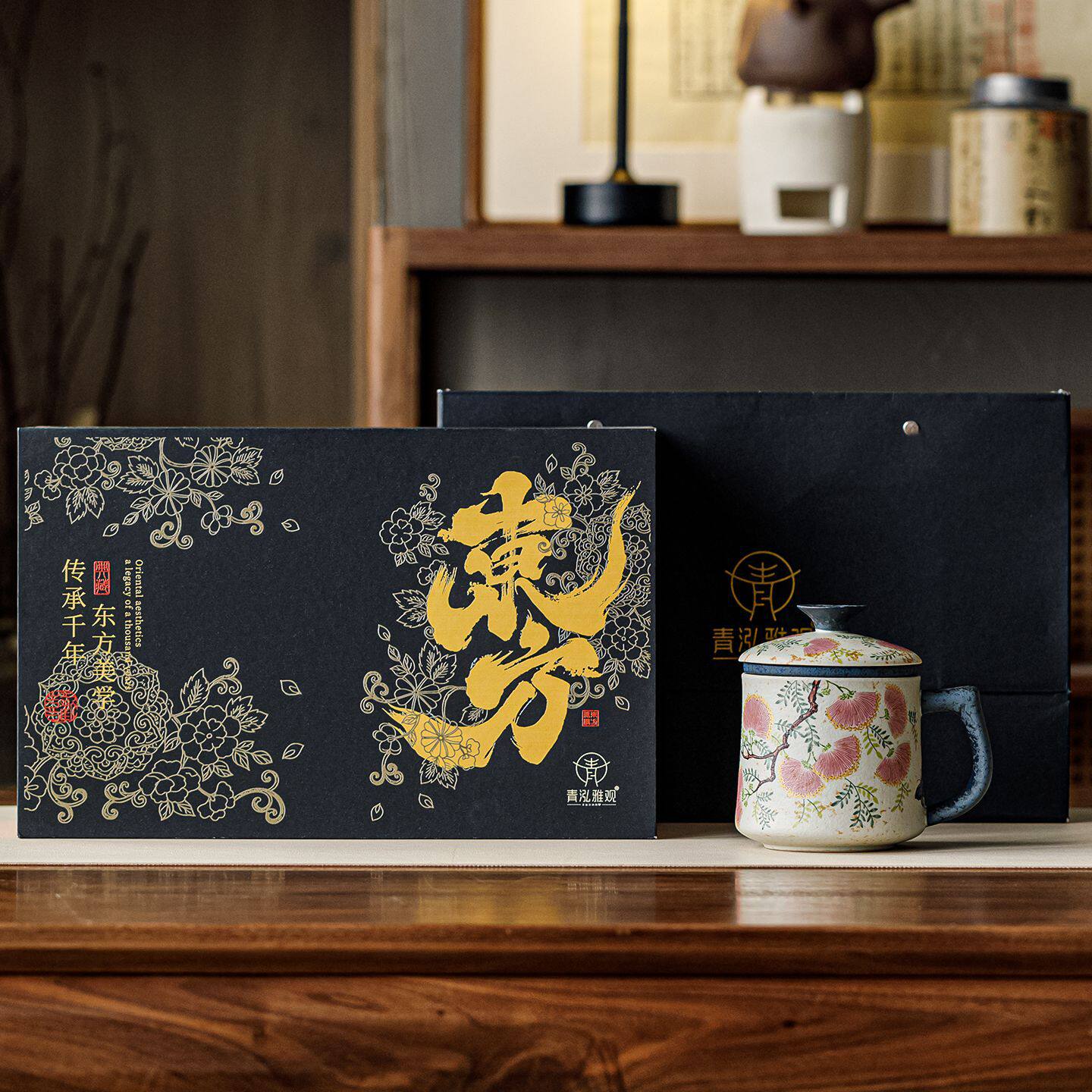 青花火石红合欢花泡茶过滤杯陶瓷带盖茶水分离个人专用办公杯子