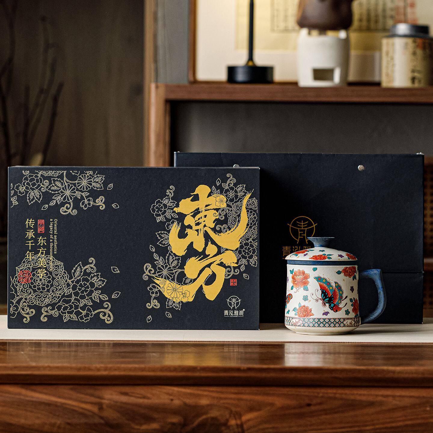 青花火石红繁花蝶叙泡茶过滤杯茶水分离陶瓷个人专用茶杯家用水杯