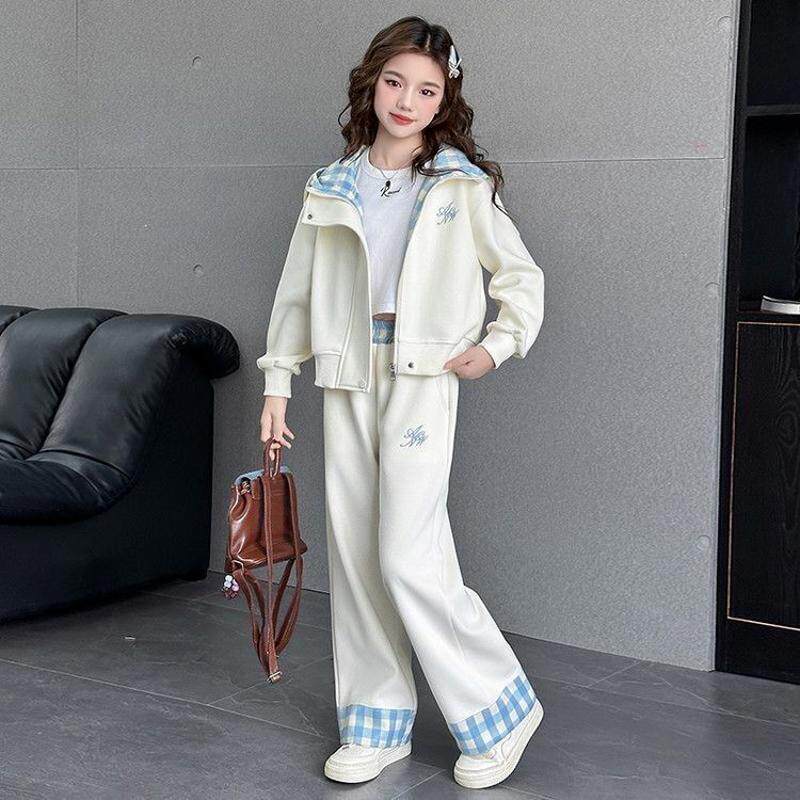 2026女童学院风加绒卫衣套装秋冬学生格子拼接连帽开衫外套两件套