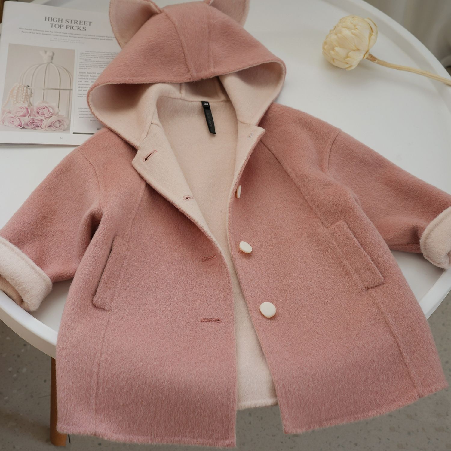 韩版女童粉色狐狸双面呢羊毛大衣2024新款可爱毛呢秋冬中长款外套