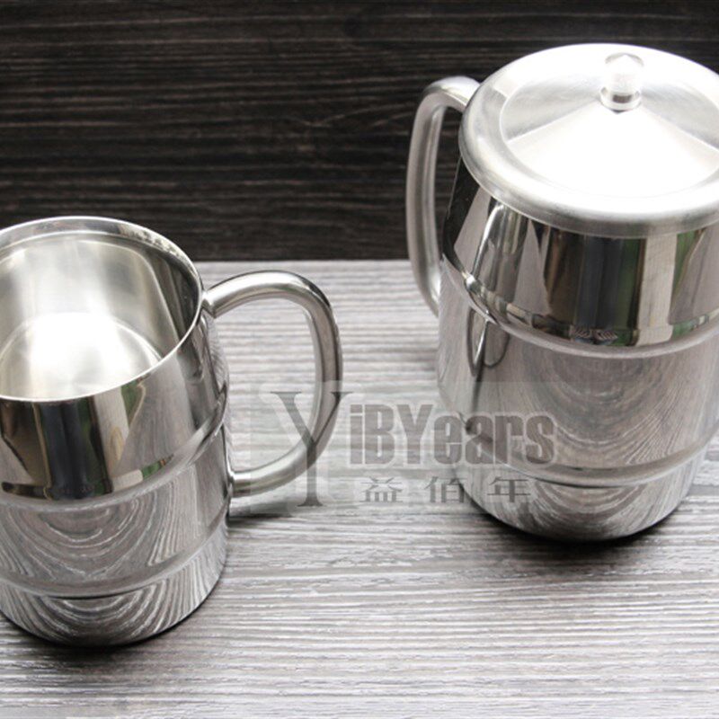 不锈钢啤酒杯 双层保温隔热茶杯 酒吧酒具啤酒杯 V创意时尚扎啤杯