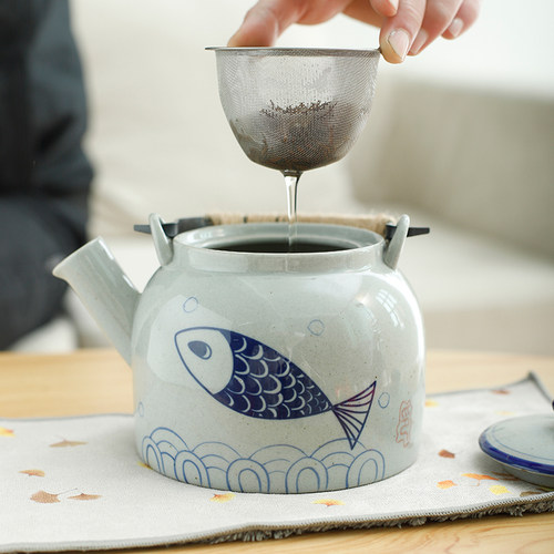 陶瓷茶壶c大号粗陶手绘提梁壶中式1000毫升泡茶壶餐厅水壶复古家