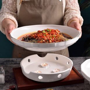 大号剁椒鱼头专用盘子加热蜡烛餐具D陶瓷干锅酒店保温菜碗家用蒸