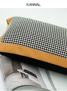 橙设复古文h艺黑白色千鸟格橘黄色皮质拼接靠包抱枕样板间腰