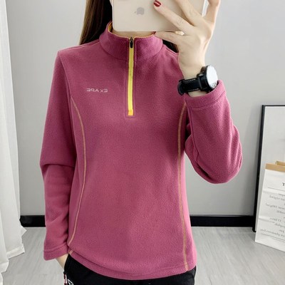 秋冬抓绒衣女立领套头q半开摇粒绒卫衣轻薄加绒加厚保暖长袖打底