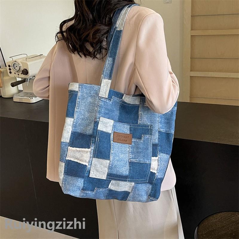 简约帆布牛仔托特包女大容量休闲肩包通勤上班手提包大格子布袋