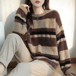 秋冬加厚羊毛衫女圆领款式针织慵懒风大码欧美翻毛衣拼色打底衫