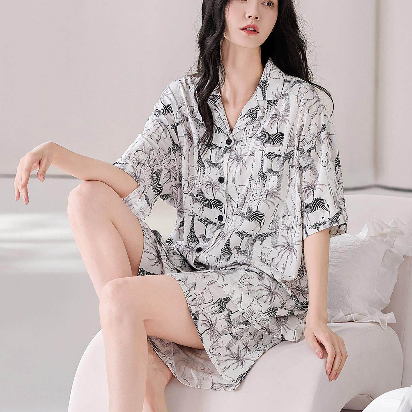 睡衣女夏季薄款短袖短裤套装休闲开衫中年妈妈全棉家居服套装