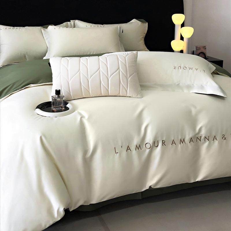 奢3风100纯棉四件套长绒棉刺绣被套约全棉纯色简床HEZ轻笠款件套