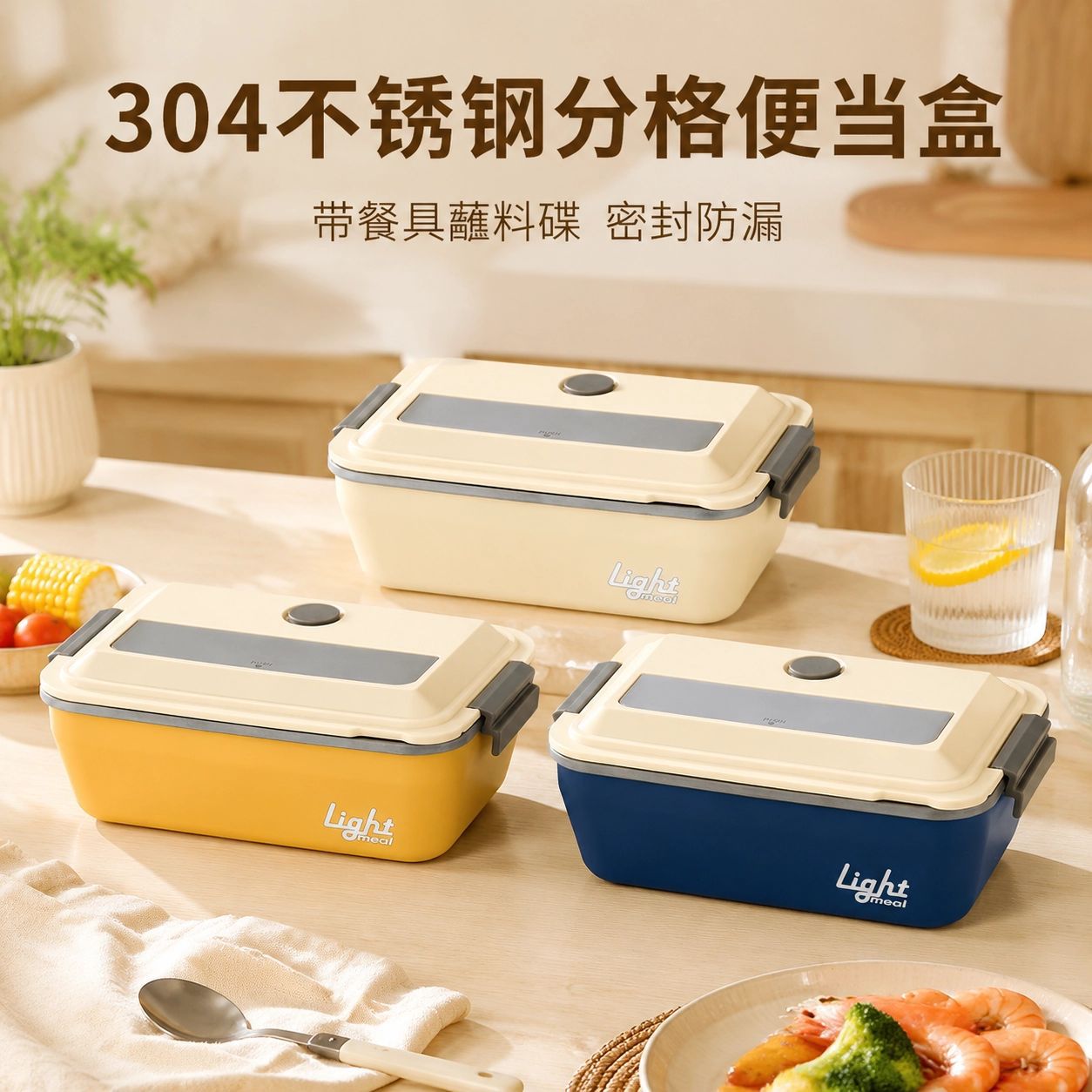 鸿俊达304不锈钢饭盒分格便当套装可加热家用外出随身携带便当盒