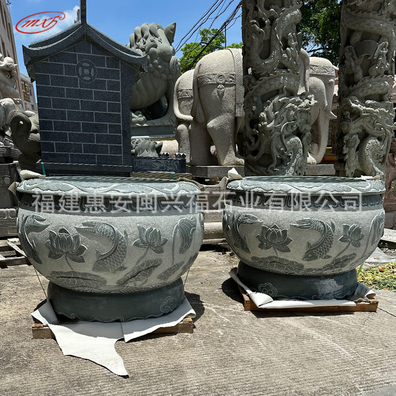 石雕鱼缸花盆别墅庭院浮雕荷花鱼缸花钵青石鱼池圆形水缸摆件
