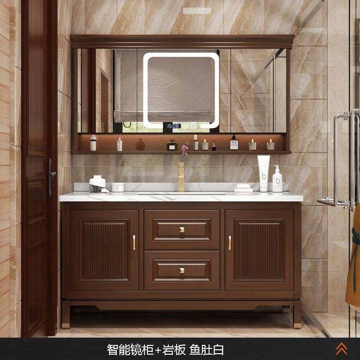 新中式实木浴室柜仿古岩板洗脸盆柜组合红橡木智能美式洗漱台双盆
