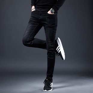 高端黑色男士 小脚加绒休闲裤 牛仔裤 加厚修身 子男 秋冬款 2021年新款