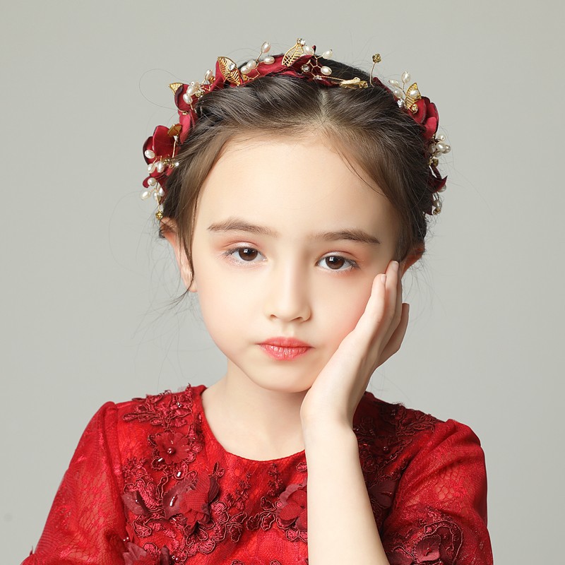 儿童头饰女童花环配饰发箍表演演出生日饰品女孩酒红色花瓣小发饰