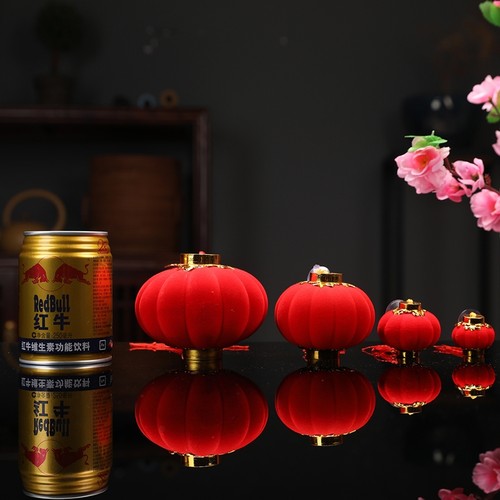新年春节装饰红色植绒小灯笼挂件户外阳台盆栽盆景红灯笼场景布置