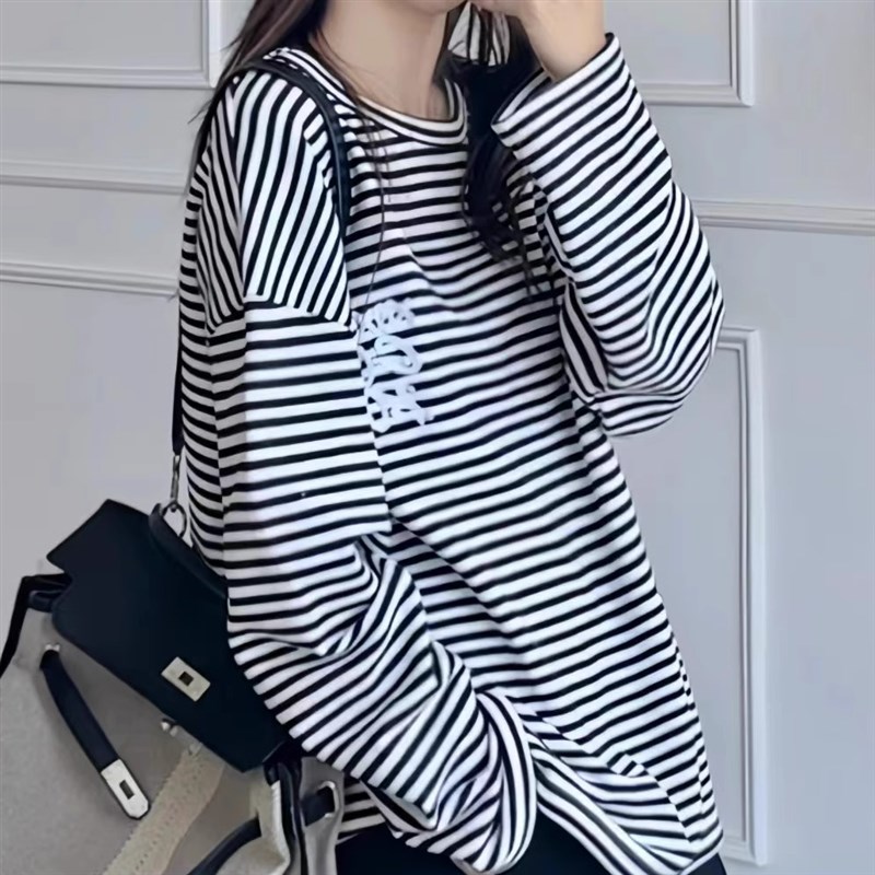 【OS风盐系时髦条纹衫】25春款长袖撞色圆领条纹打底衫宽松女上衣