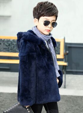 冬季儿童皮草外套中长款连帽男童宝宝保暖加厚獭兔毛外套大衣童装
