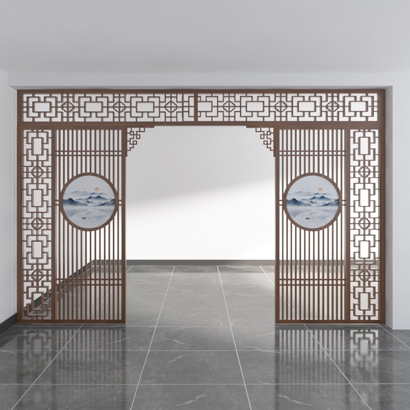 新中式实木屏风隔断客厅月洞门拱门玄关入户格栅月亮门