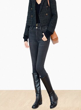 SJOG塑形又提臀~加绒黑色靴裤高腰牛仔裤女九分紧身小脚裤铅笔裤