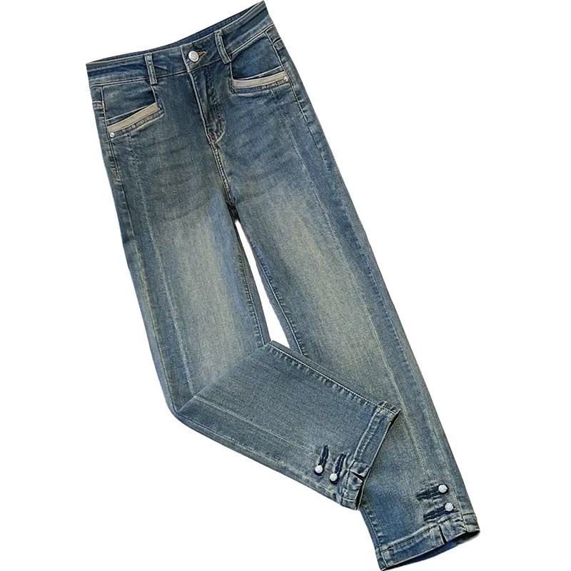 设计感高腰直筒牛仔裤女秋季2024新款显瘦烟管裤梨形身材九分裤子