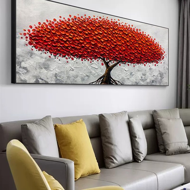 客厅轻奢纯手绘油画抽象沙发背景墙床头餐厅装饰画立体发财树挂画图片