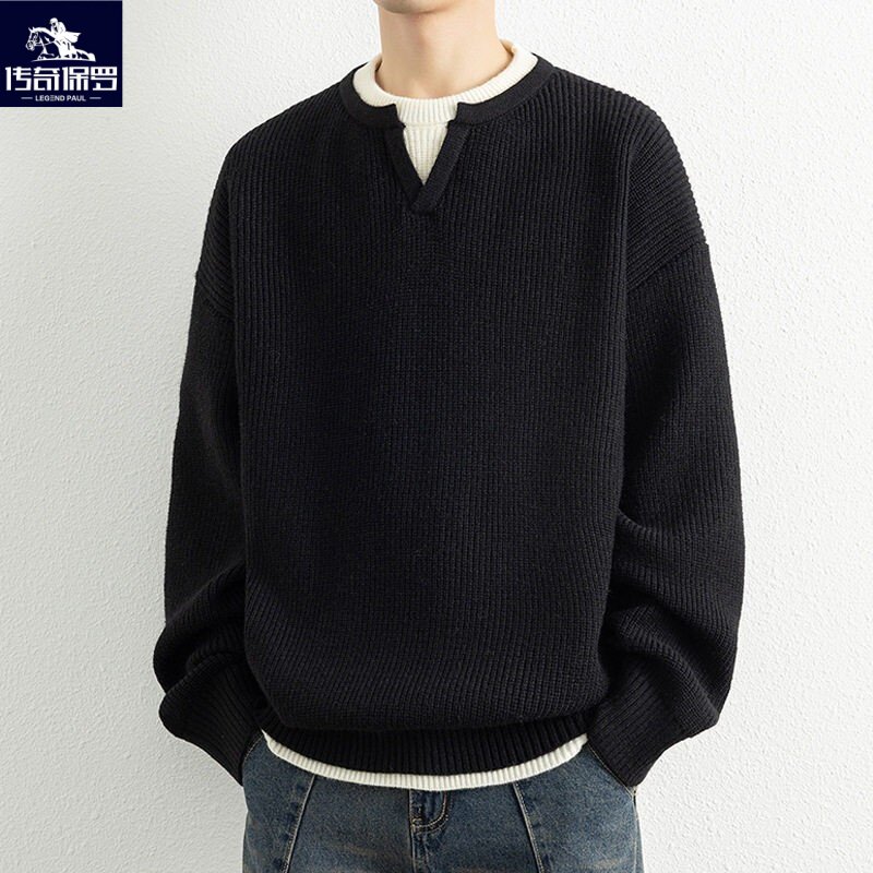 保罗假两件圆领针织衫男士秋冬季加厚保暖宽松高级感毛衣慵懒风