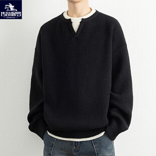 保罗假两件圆领针织衫男士秋冬季加厚保暖宽松高级感毛衣慵懒风