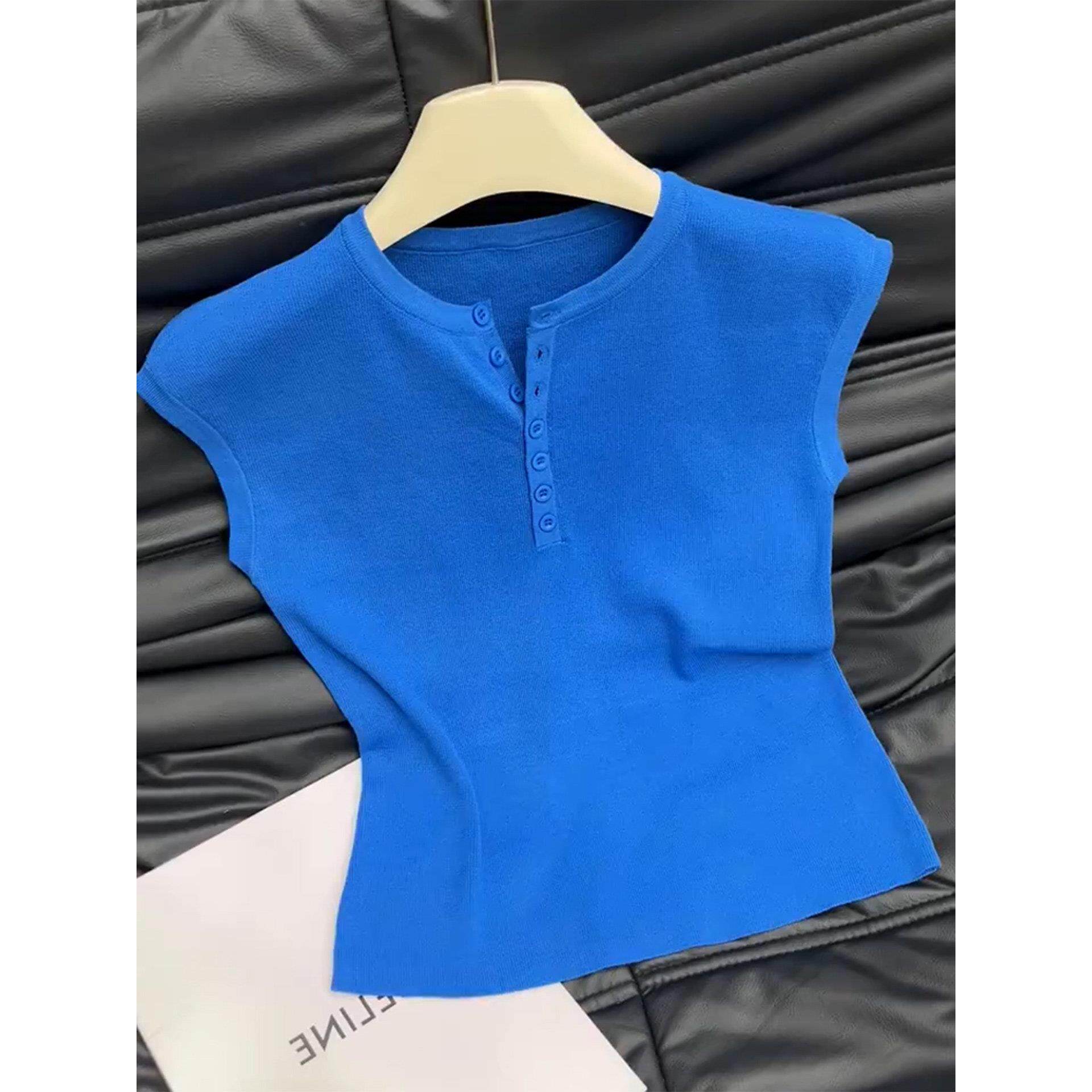 克莱因蓝色针织吊带背心女内搭外穿宝蓝色小飞袖无袖上衣西装内搭