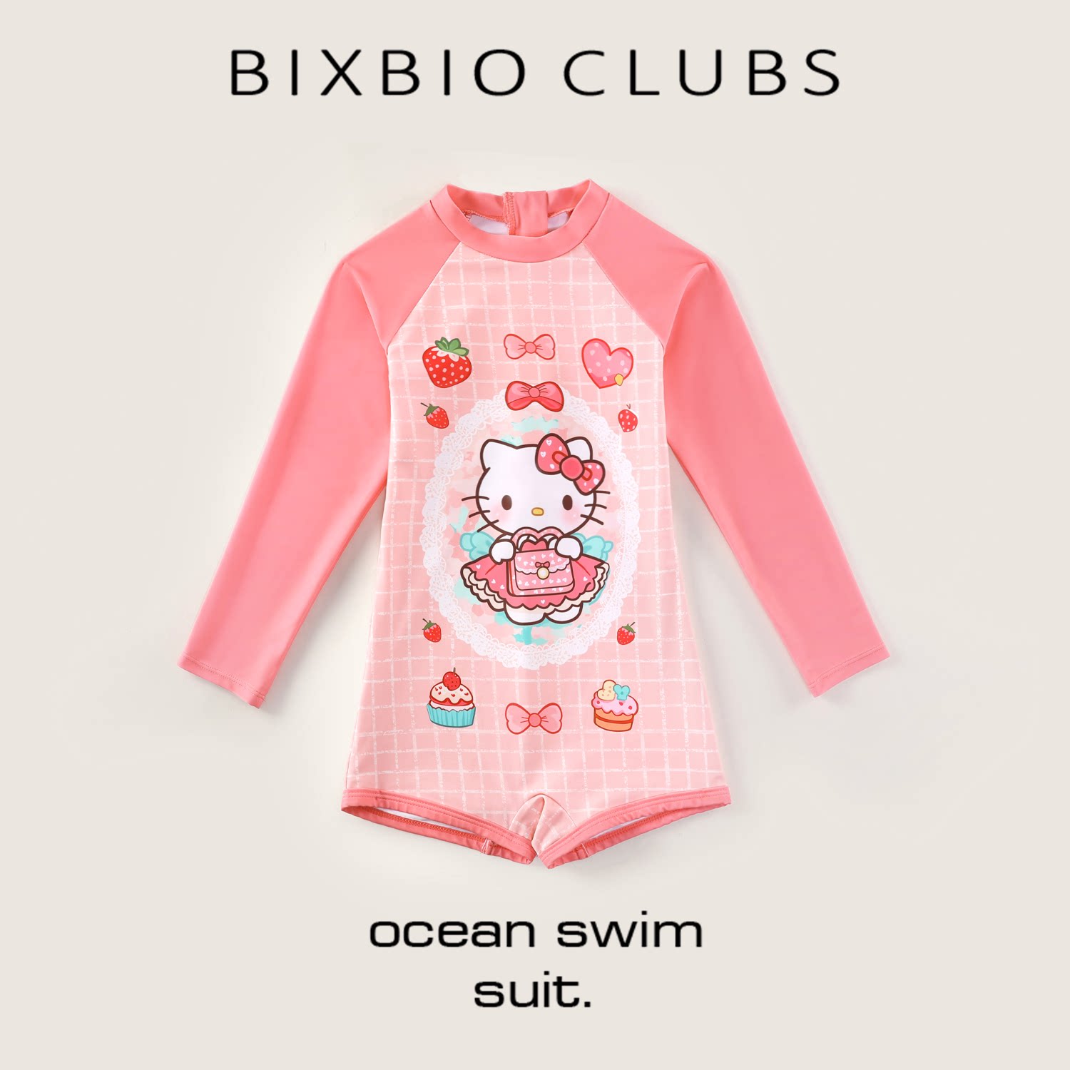 bixbio高颜值可爱KT猫高级长袖防晒中大童女孩女童儿童连体游泳衣